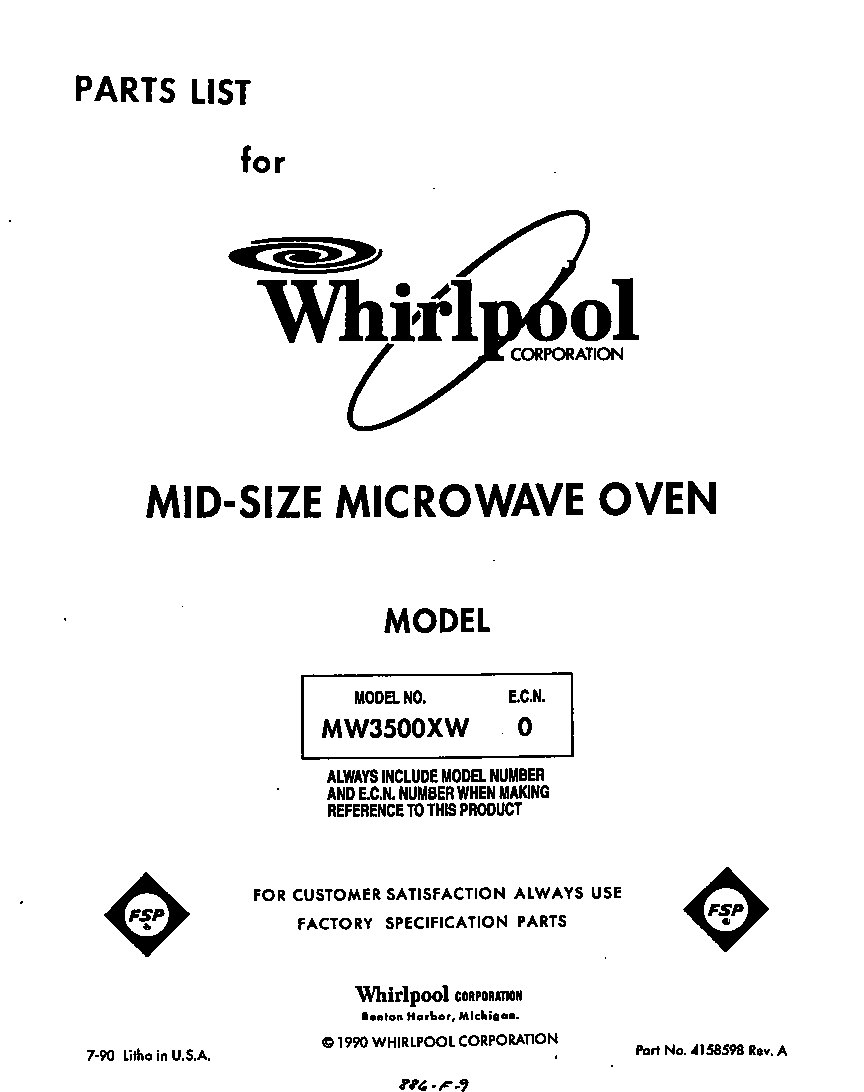 Whirlpool MW3500XW0 front cover diagram