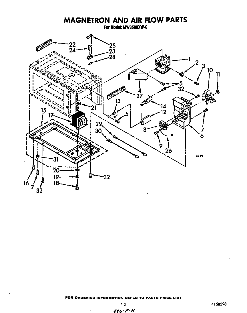 Whirlpool MW3500XW0 magnetron and air flow diagram