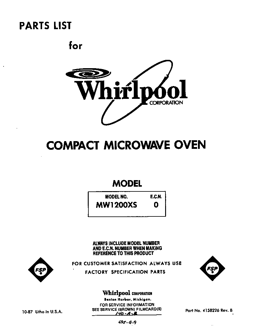 Whirlpool MW1200XS0 front cover diagram