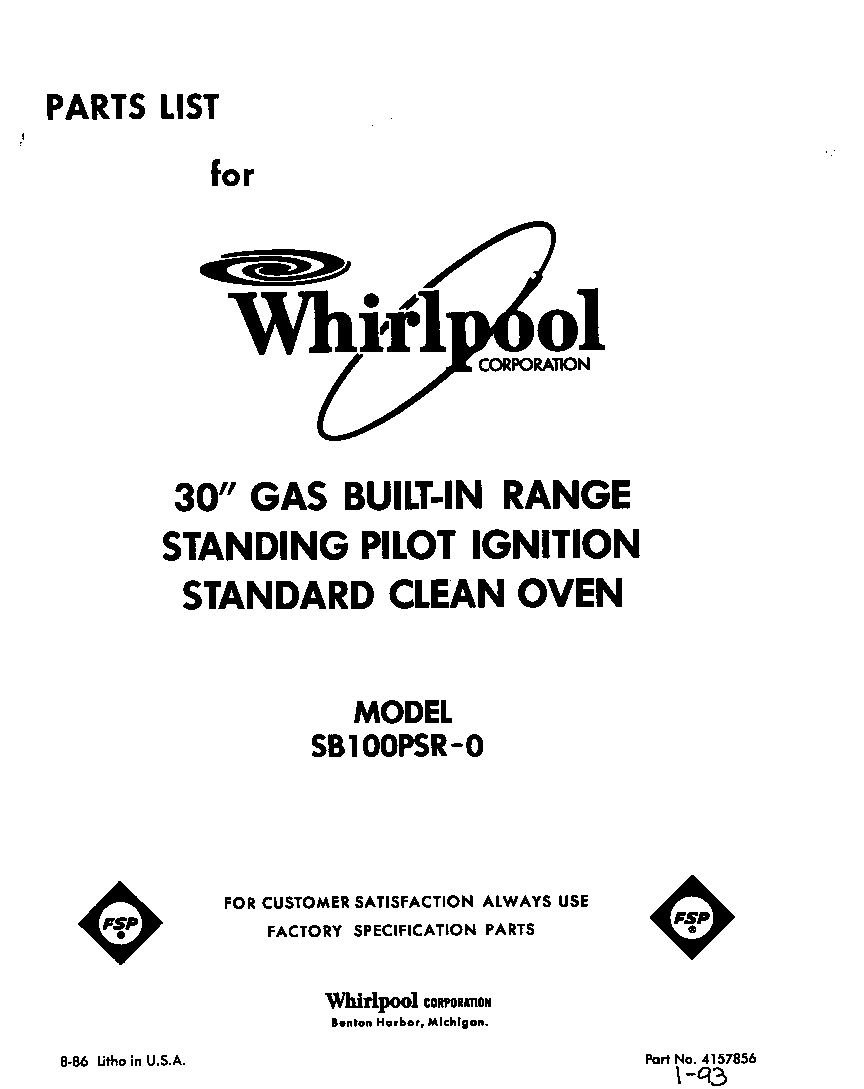 Whirlpool SB100PSR0 front cover diagram