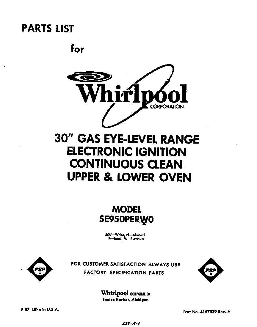 Whirlpool SE950PERW0 front cover diagram