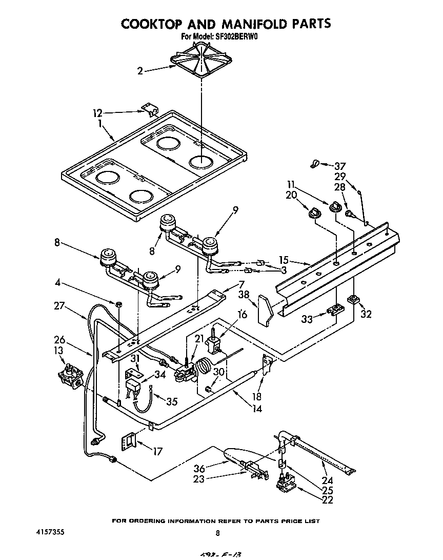 Whirlpool SF302BERW0 cooktop and manifold diagram