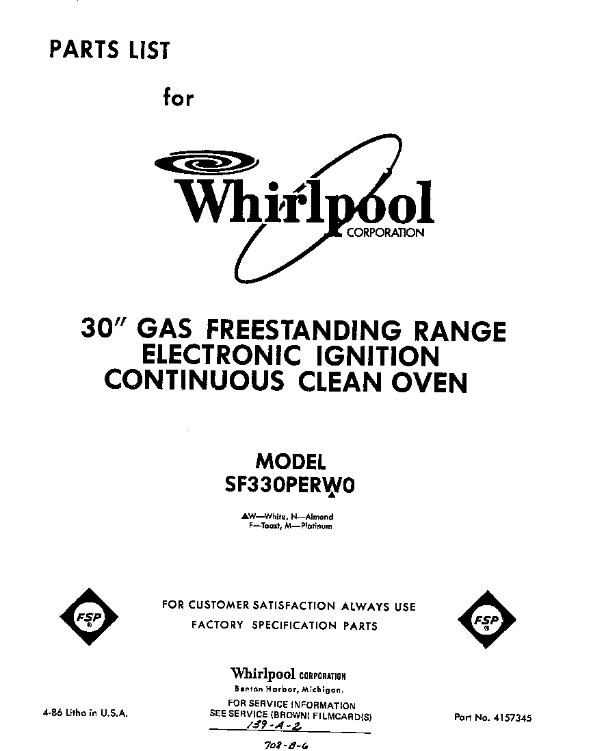 Whirlpool SF330PERW0 front cover diagram