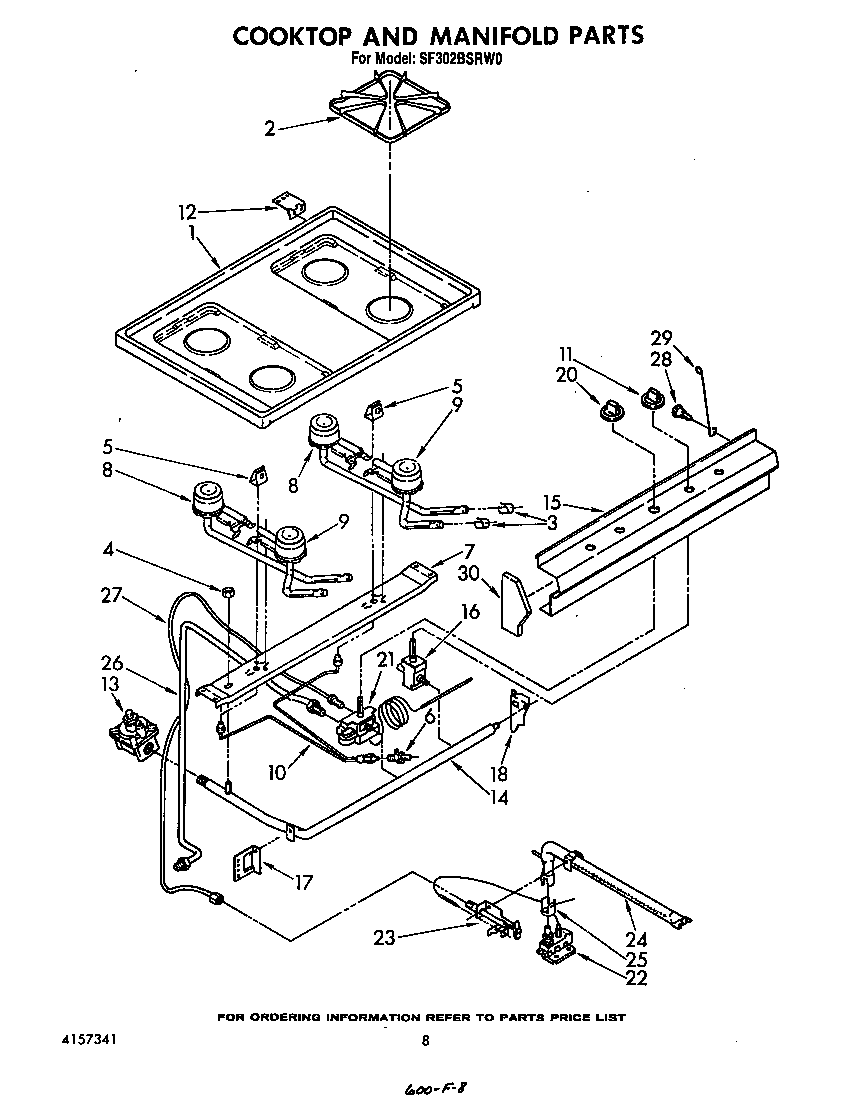 Whirlpool SF302BSRW0 cook top and manifold diagram
