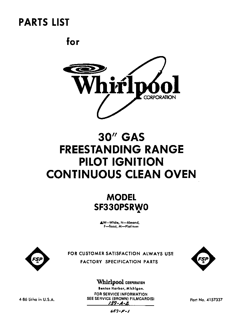 Whirlpool SF330PSRW0 front cover diagram