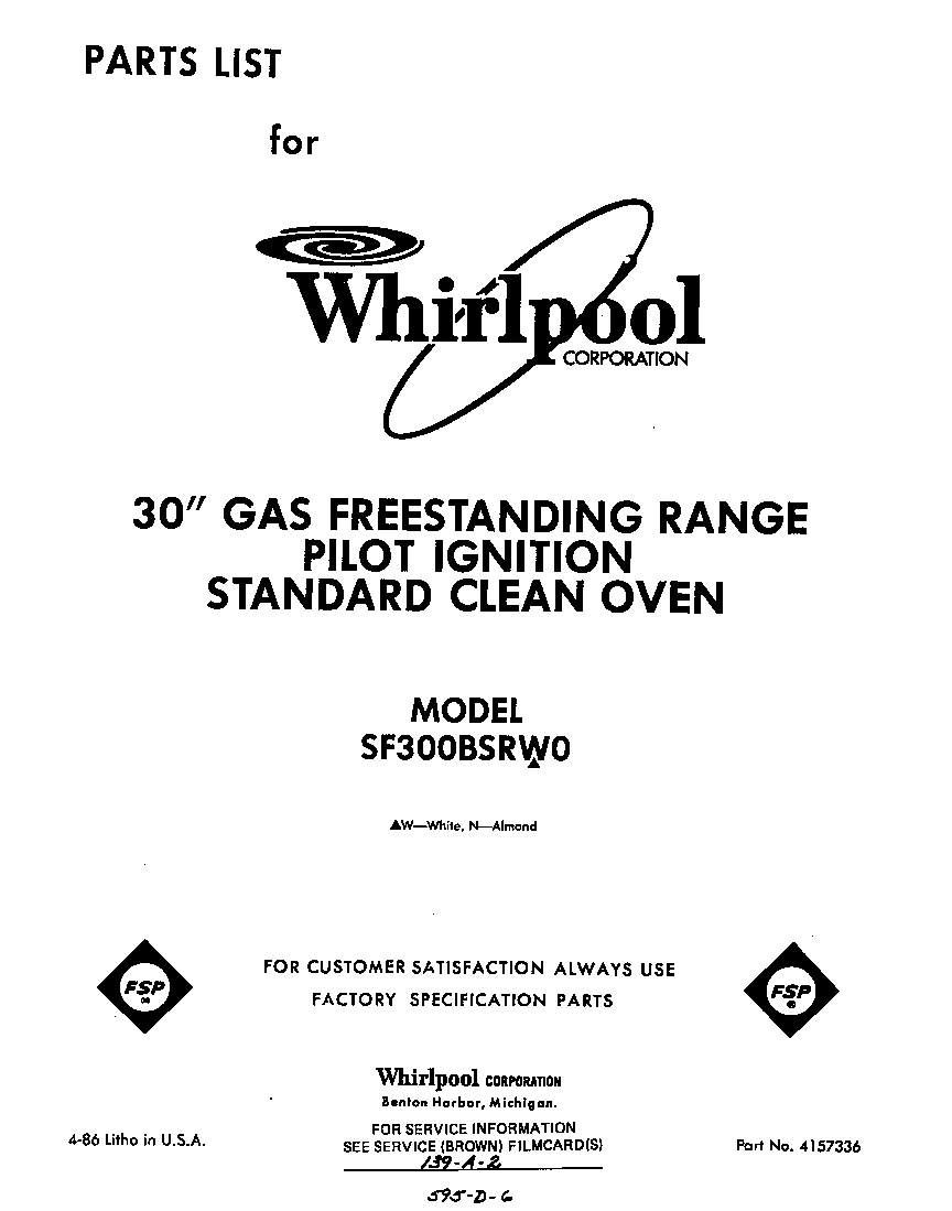 Whirlpool SF300BSRW0 front cover diagram