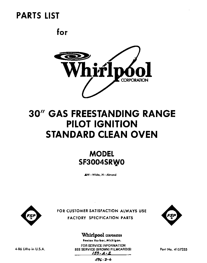 Whirlpool SF3004SRW0 front cover diagram