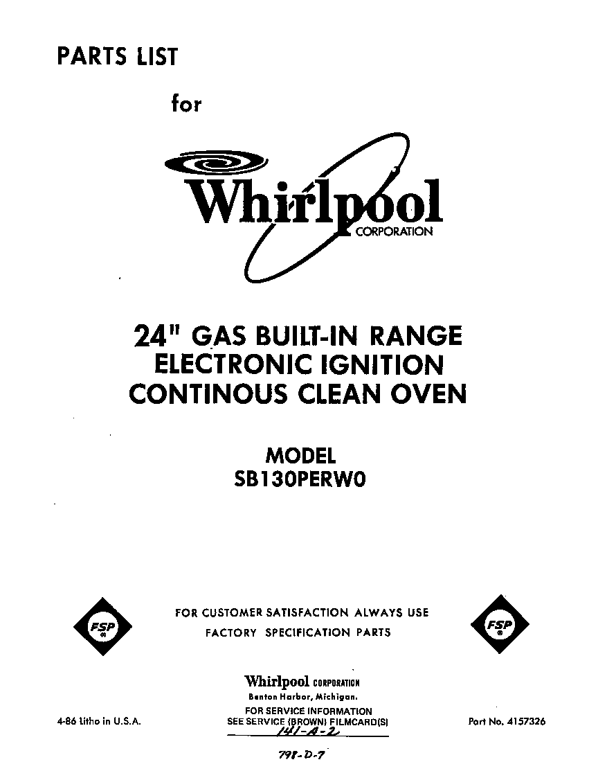 Whirlpool SB130PERW0 front cover diagram