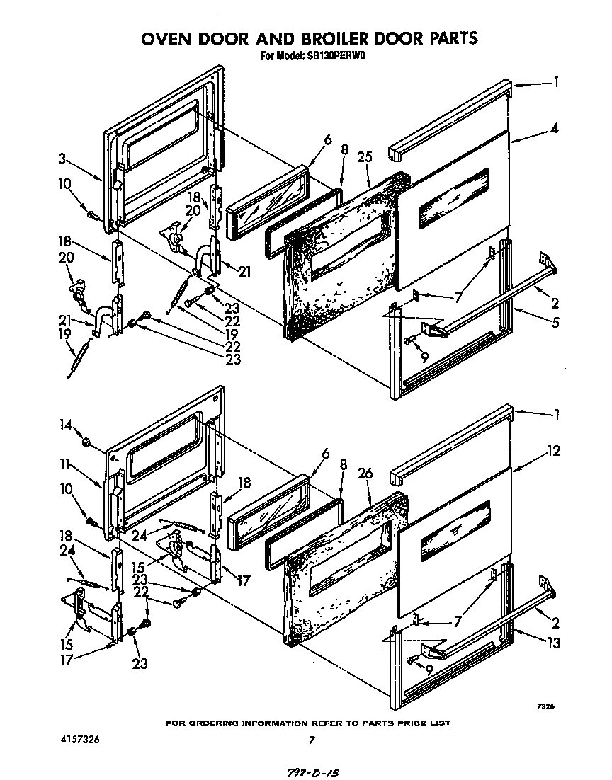 Whirlpool SB130PERW0 oven door and broiler door diagram