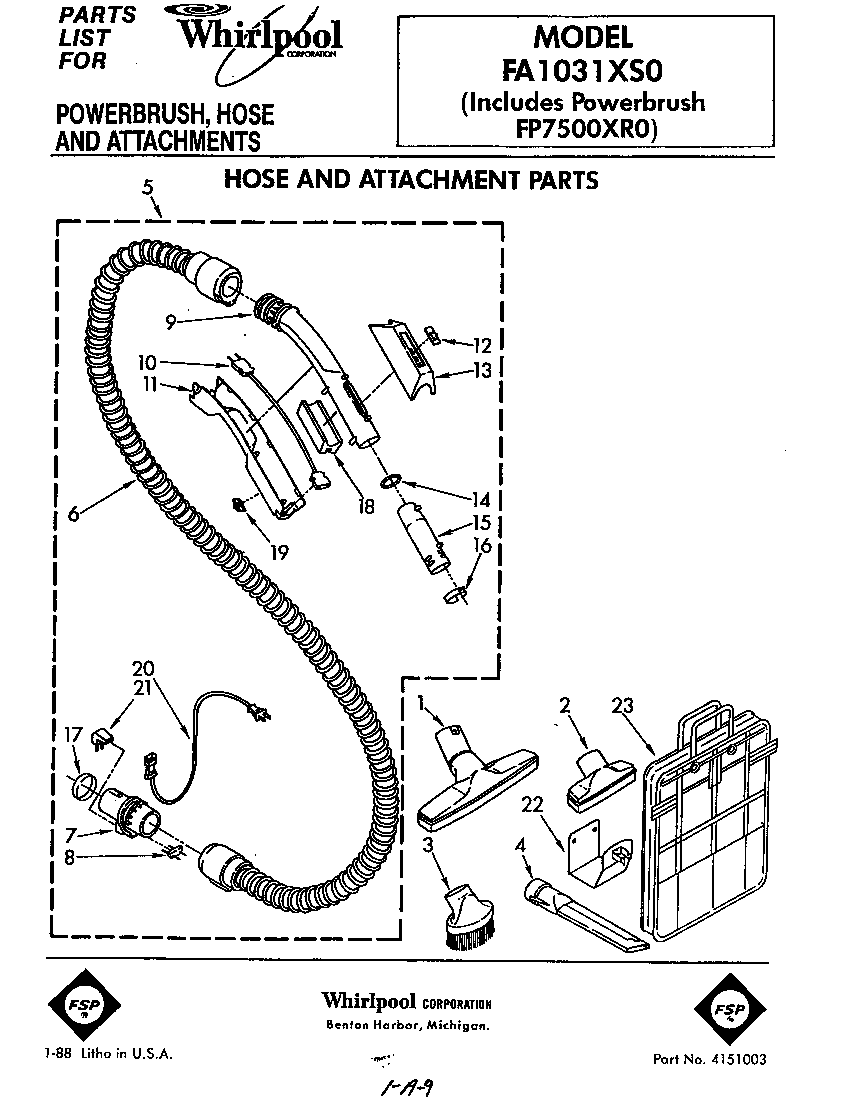 Whirlpool FP7500XR0 hose and attachment parts diagram