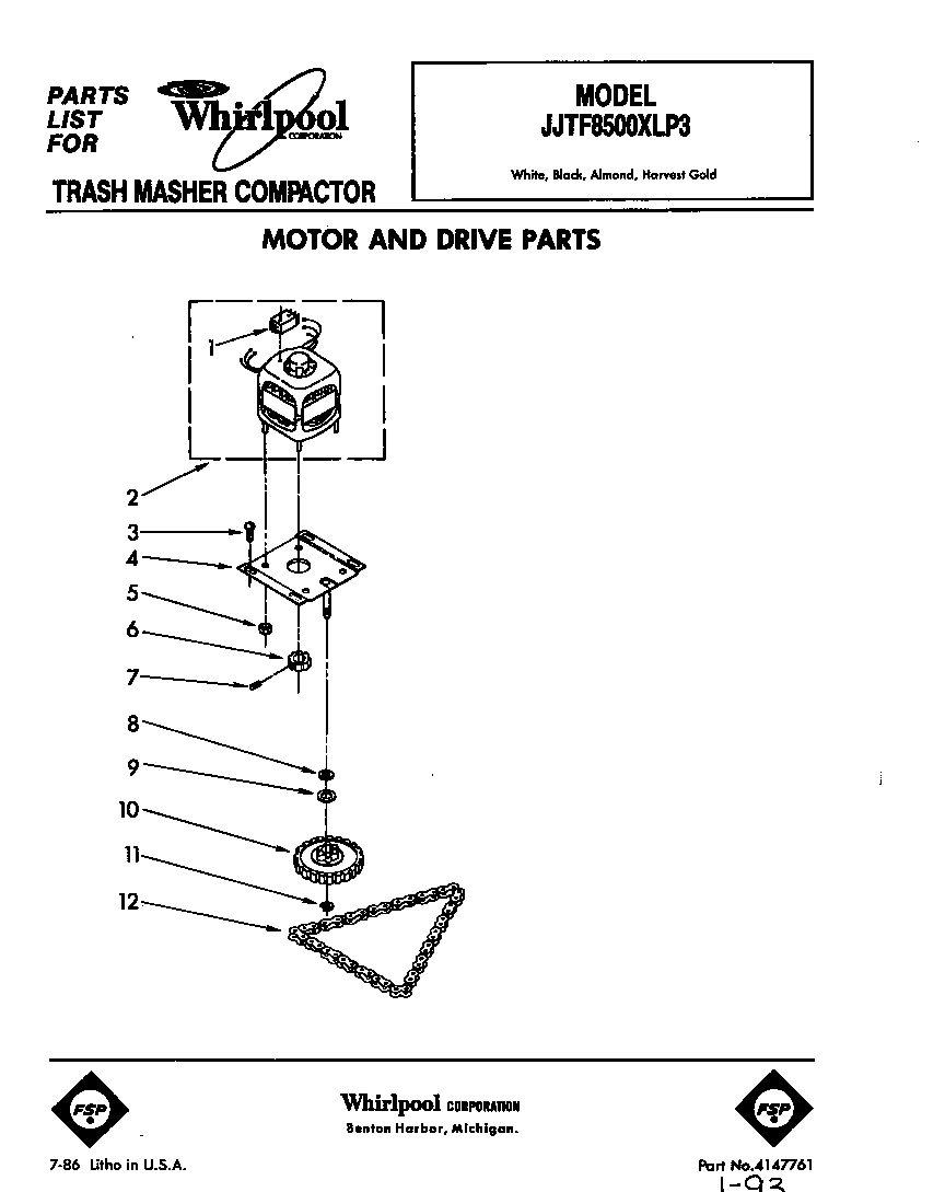 Whirlpool JJTF8500XLP3 motor and drive diagram
