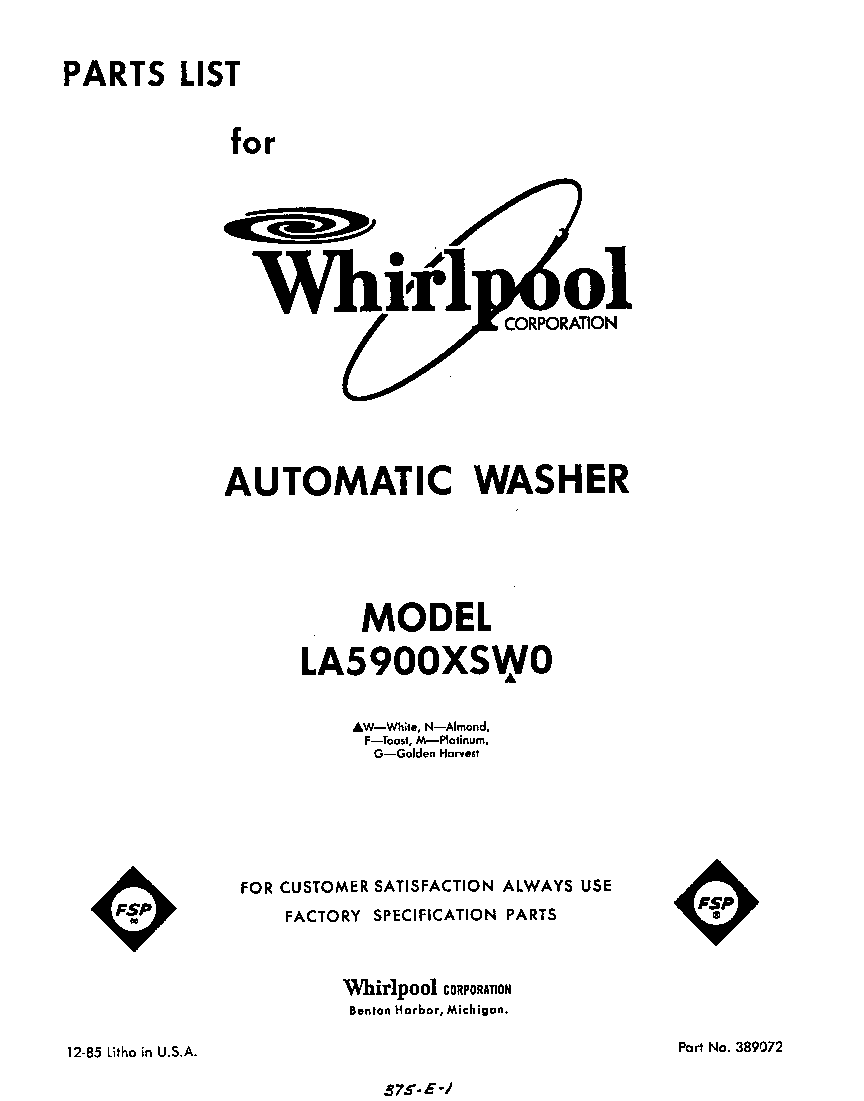 Whirlpool LA5900XSW0 front cover diagram