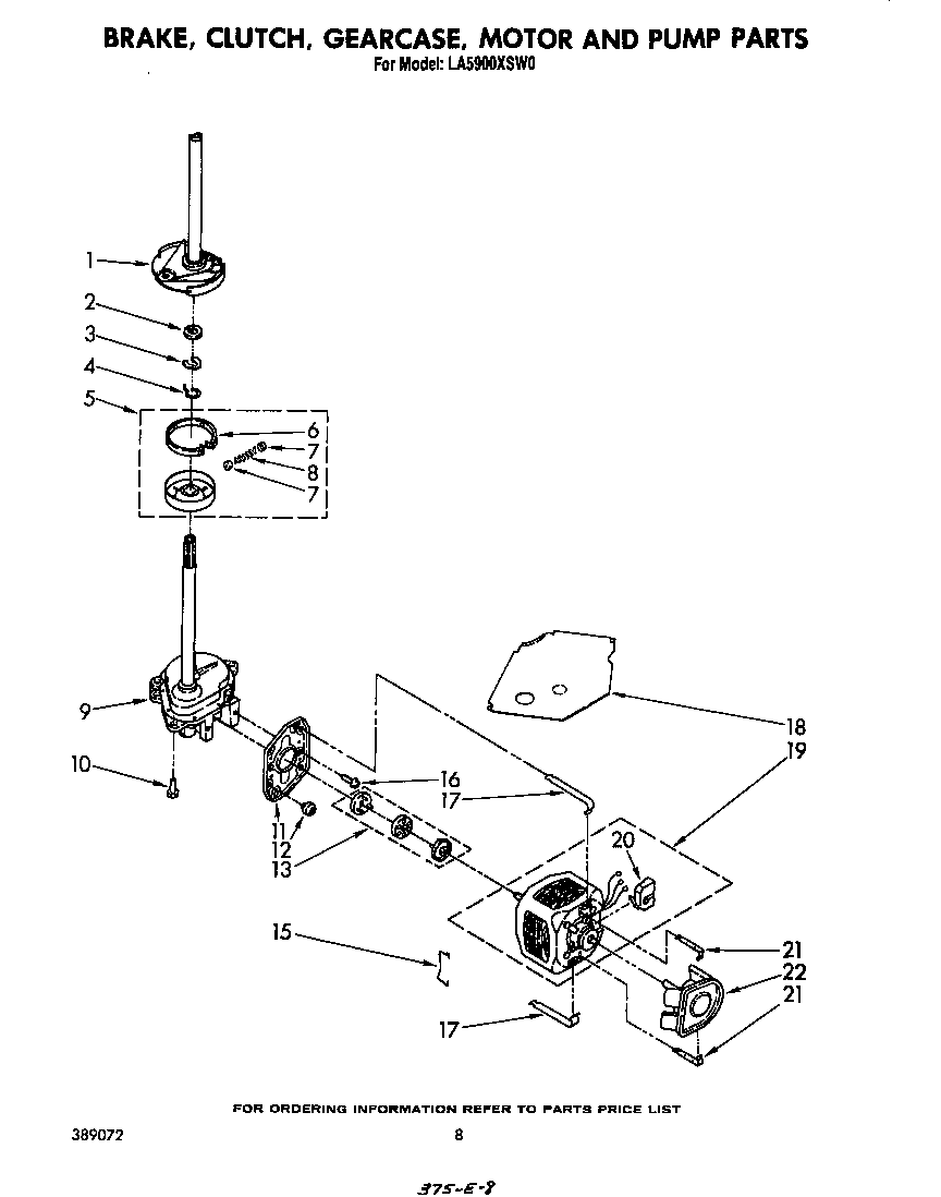 Whirlpool LA5900XSW0 brake, clutch, gearcase, motor and pump diagram