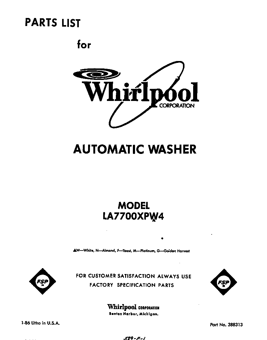 Whirlpool LA7700XPW4 front cover diagram
