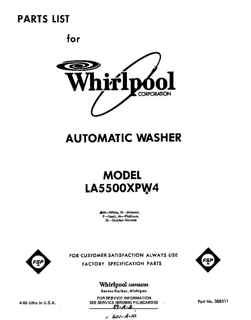 Whirlpool LA5500XPW4 front cover diagram