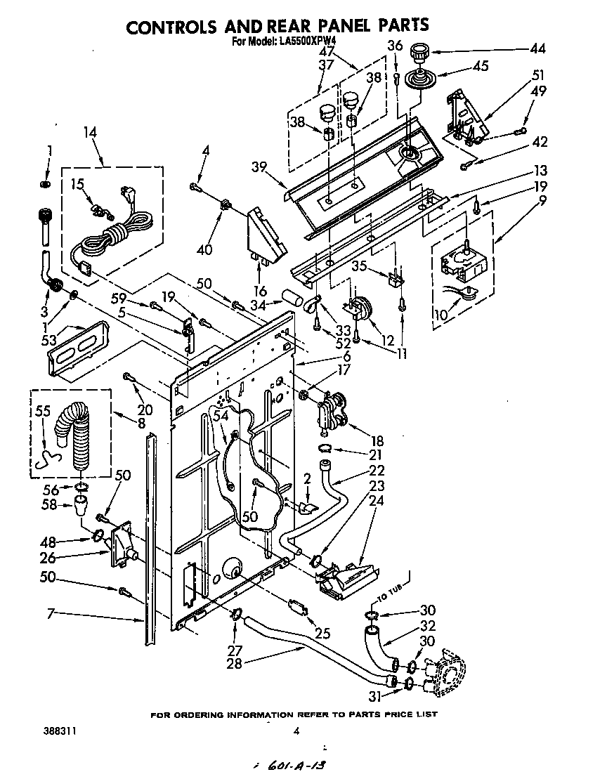 Whirlpool LA5500XPW4 controls and rear panel diagram