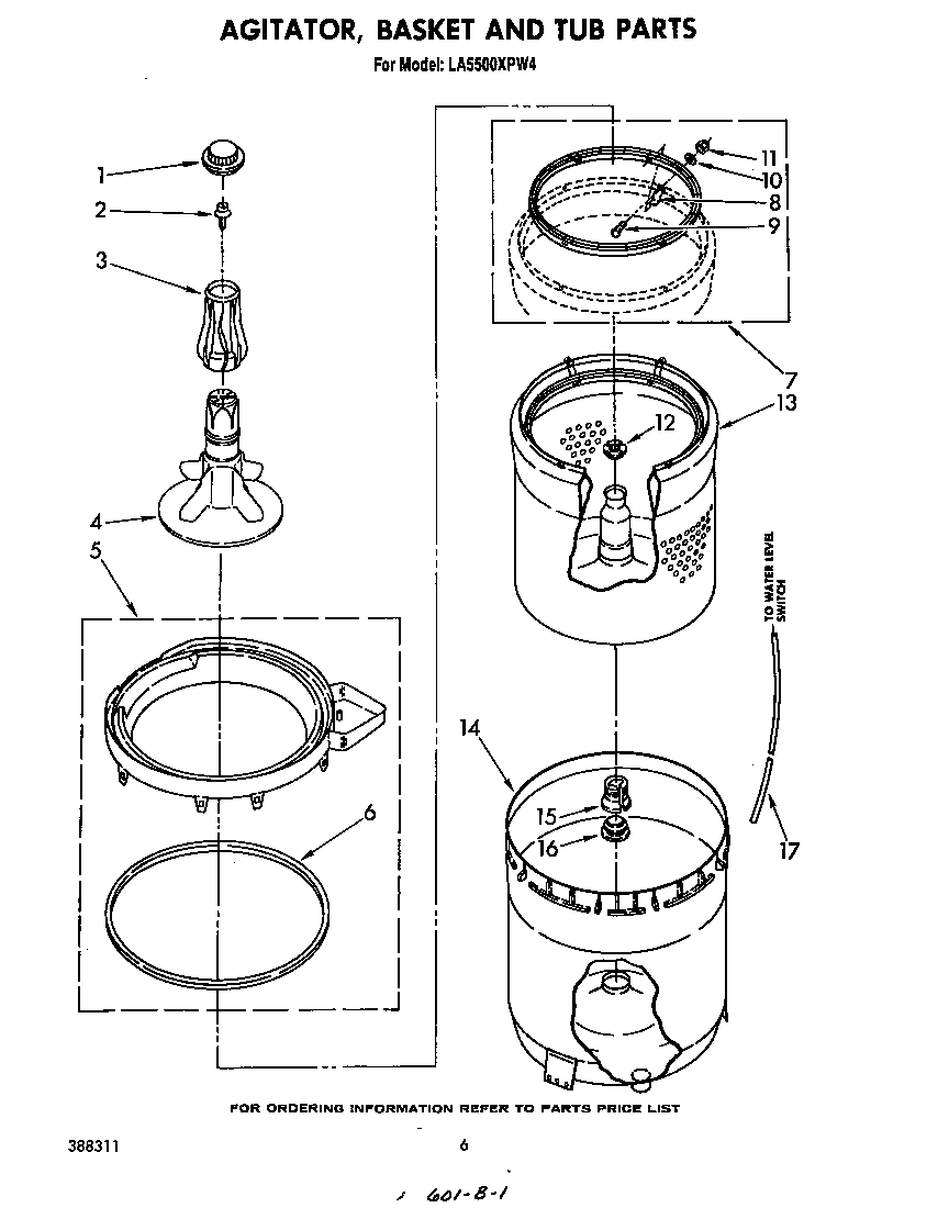 Whirlpool LA5500XPW4 agitator, basket and tub diagram