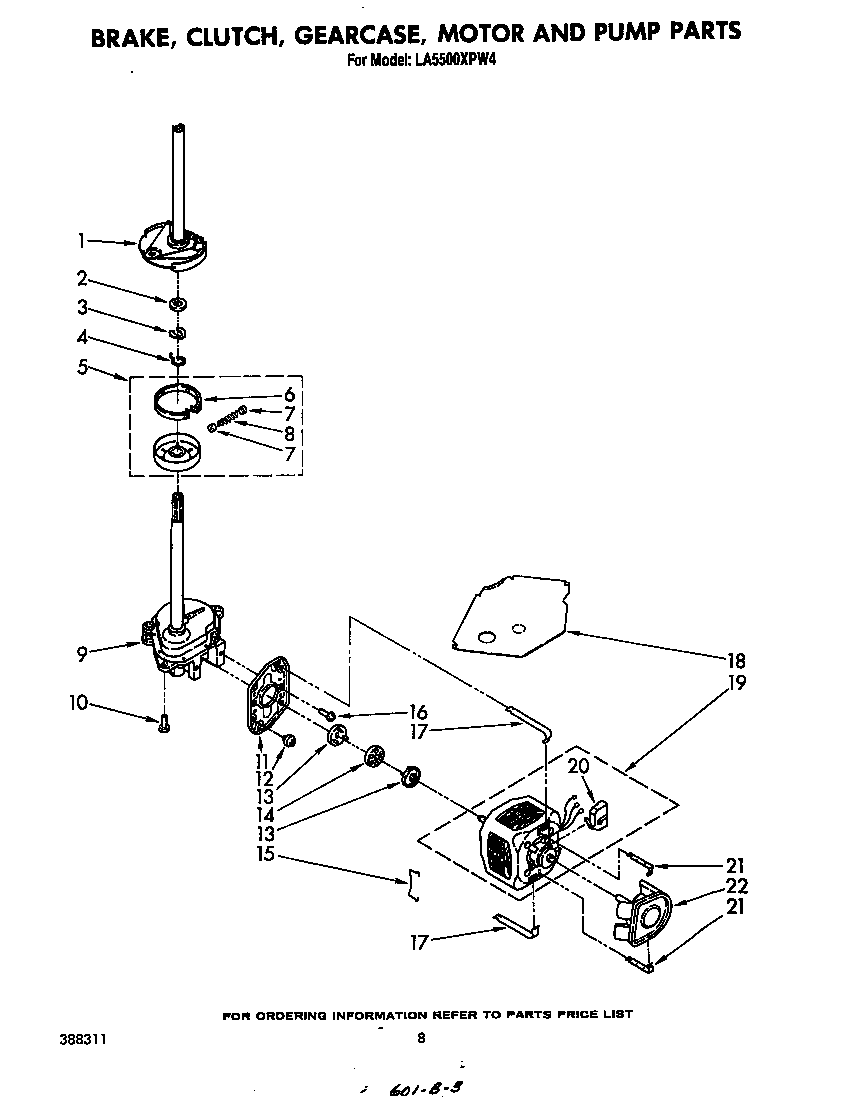 Whirlpool LA5500XPW4 brake, clutch, gearcase, motor and pump diagram