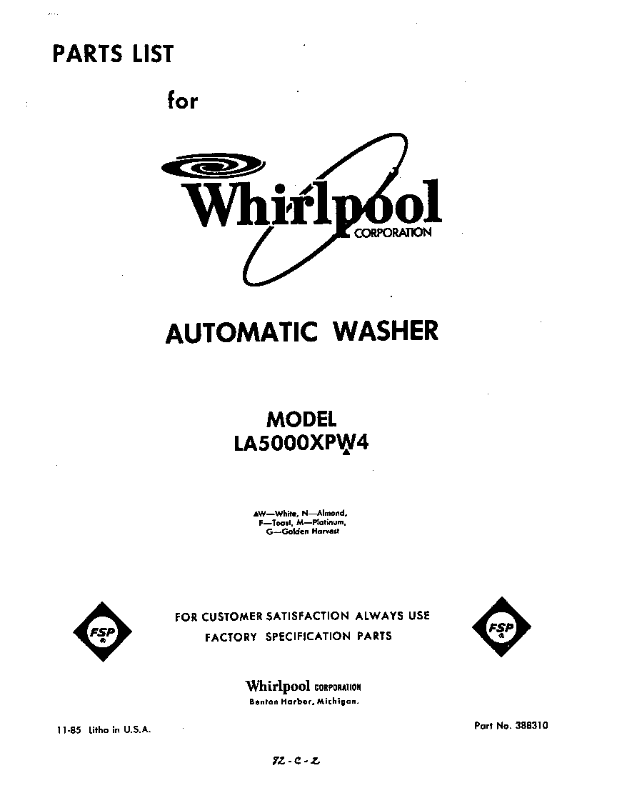 Whirlpool LA5000XPW4 front cover diagram