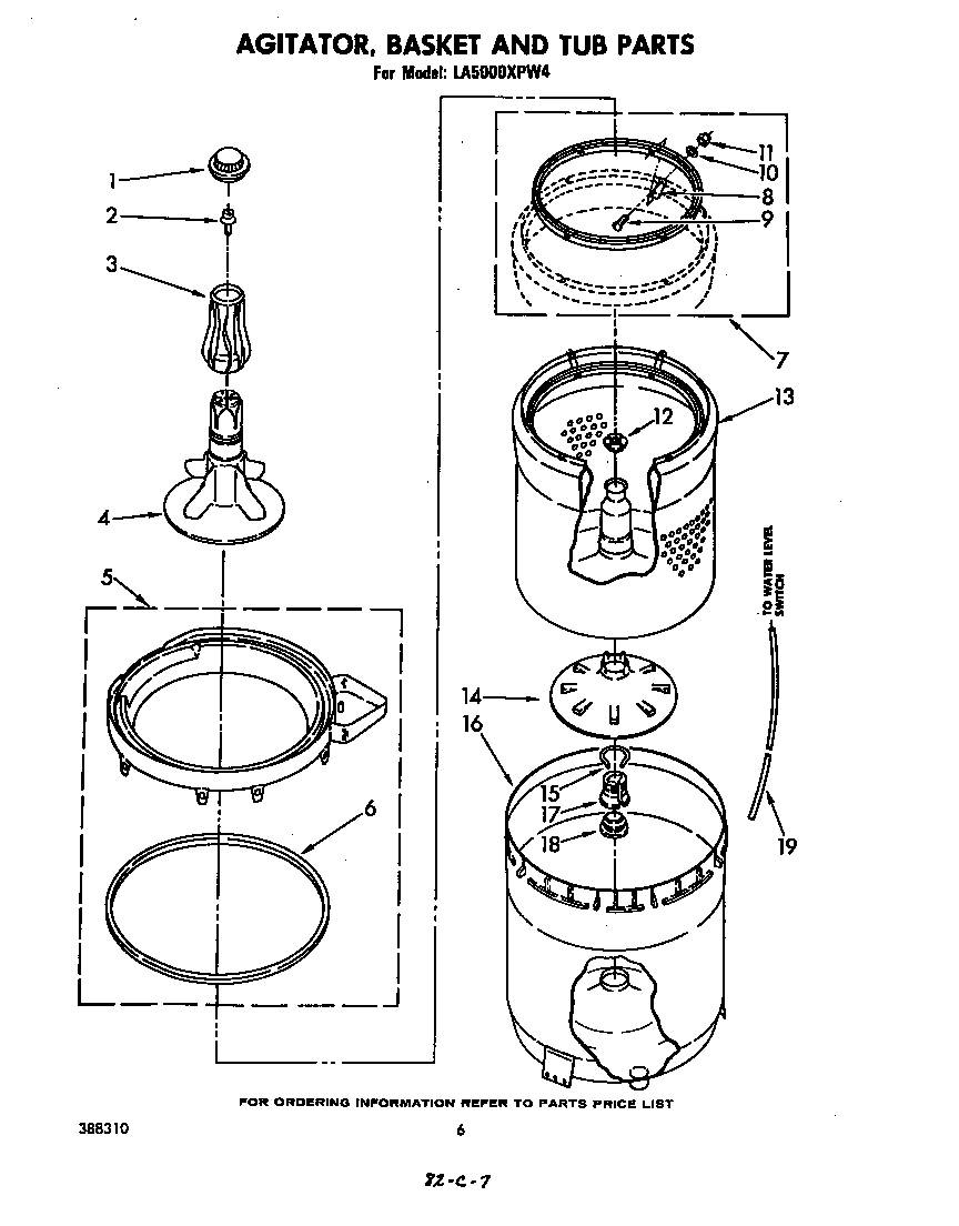 Whirlpool LA5000XPW4 agitator, basket, tub diagram