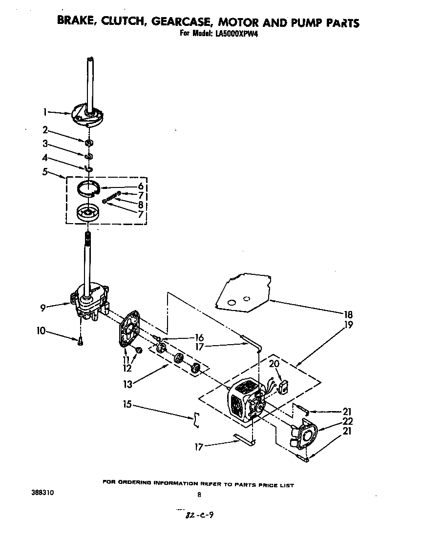 Whirlpool LA5000XPW4 brake, clutch, gearcase, motor, and pump diagram