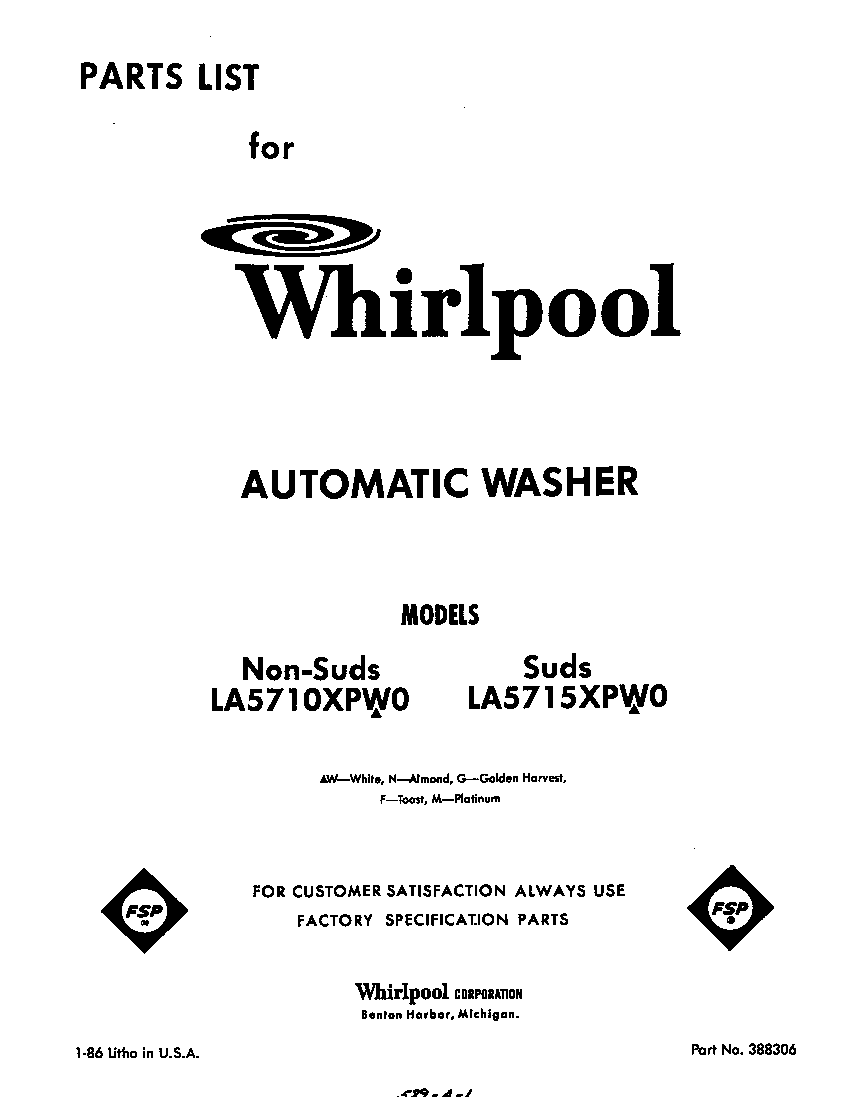 Whirlpool LA5710XPW0 front cover diagram