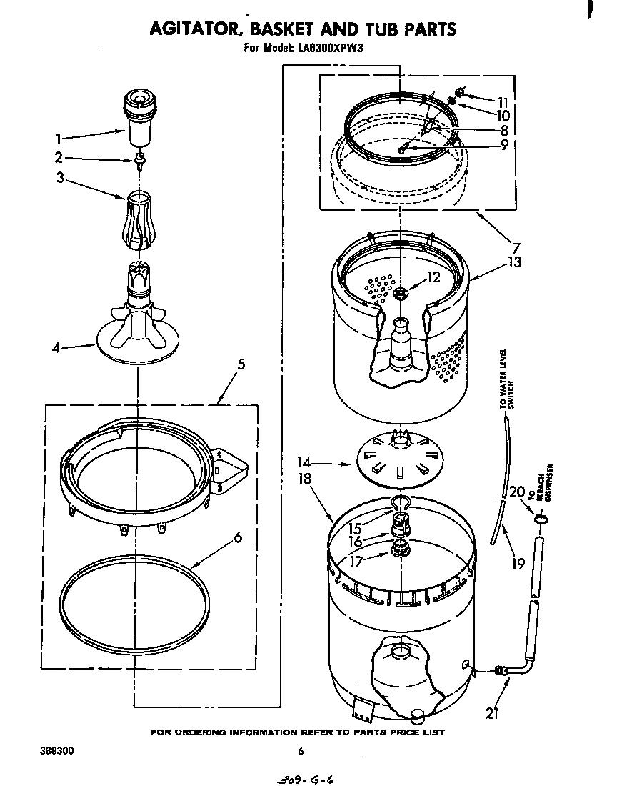 Whirlpool LA6300XPW3 agitator, basket and tube diagram