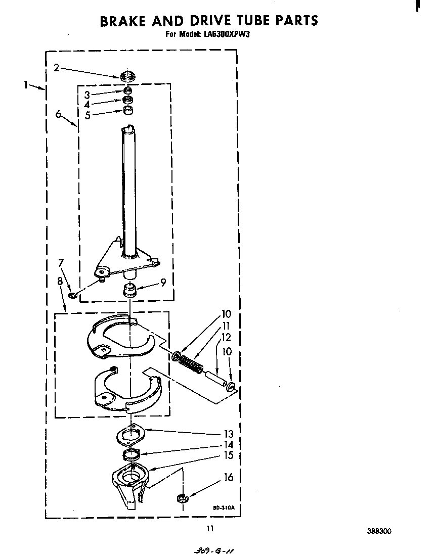 Whirlpool LA6300XPW3 brake and drive tube diagram