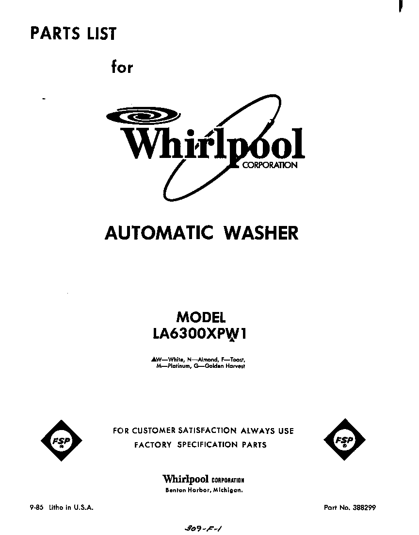 Whirlpool LA6300XPW1 front cover diagram