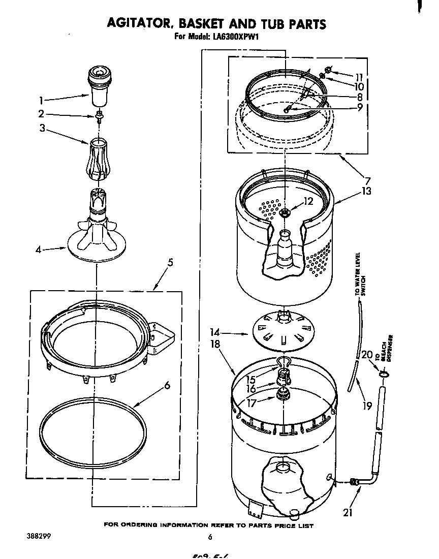 Whirlpool LA6300XPW1 agitator, basket and tub diagram