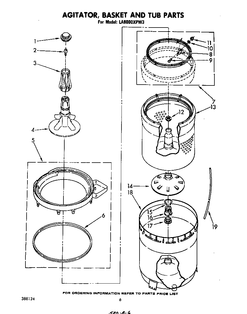 Whirlpool LA6000XPW3 agitator, basket and tub diagram