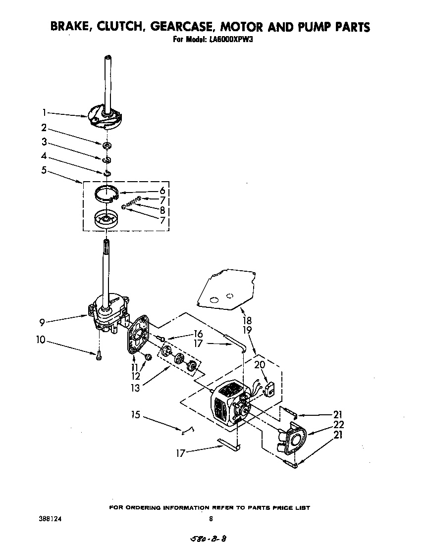 Whirlpool LA6000XPW3 brake, clutch, gearcase, motor and pump diagram