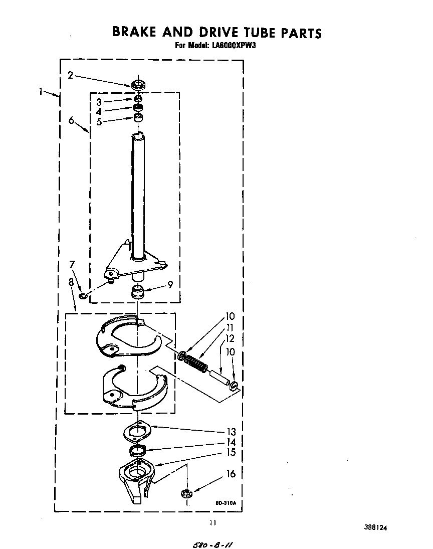 Whirlpool LA6000XPW3 brake and drive tube diagram