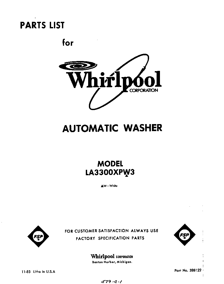 Whirlpool LA3300XPW3 front cover diagram