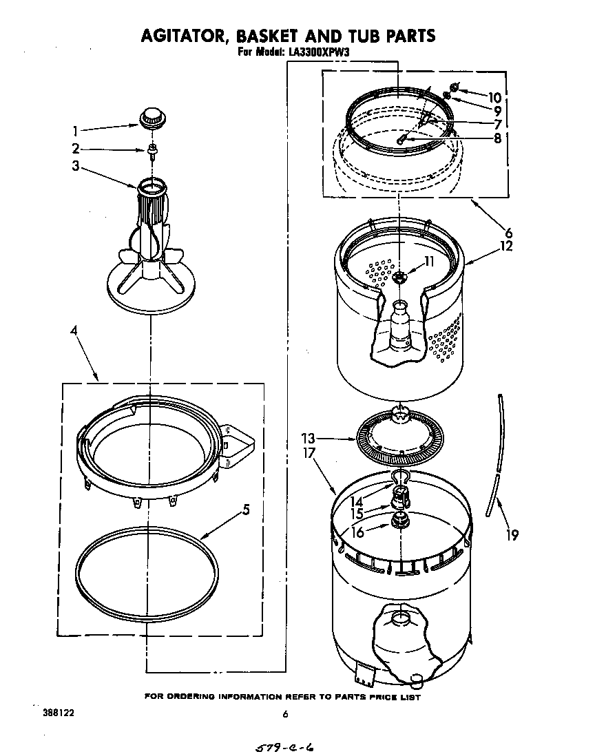 Whirlpool LA3300XPW3 agitator, basket and tub diagram