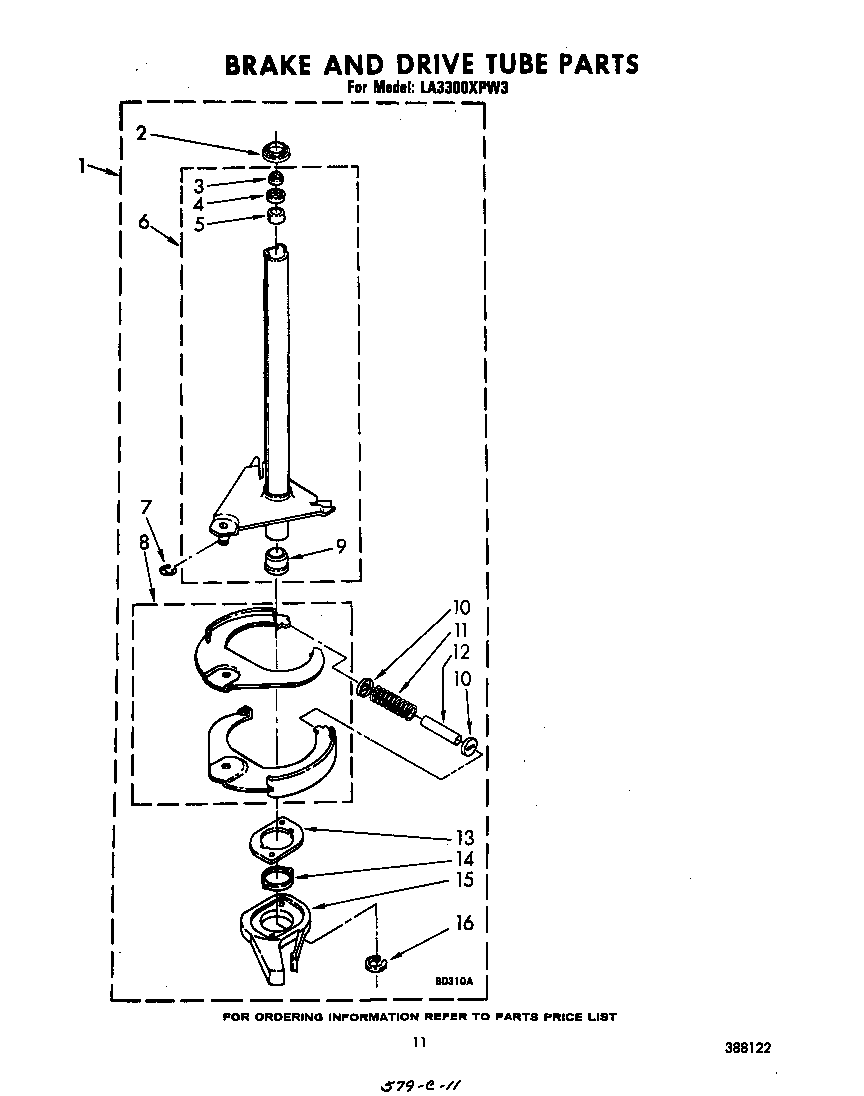 Whirlpool LA3300XPW3 brake and drive tube diagram