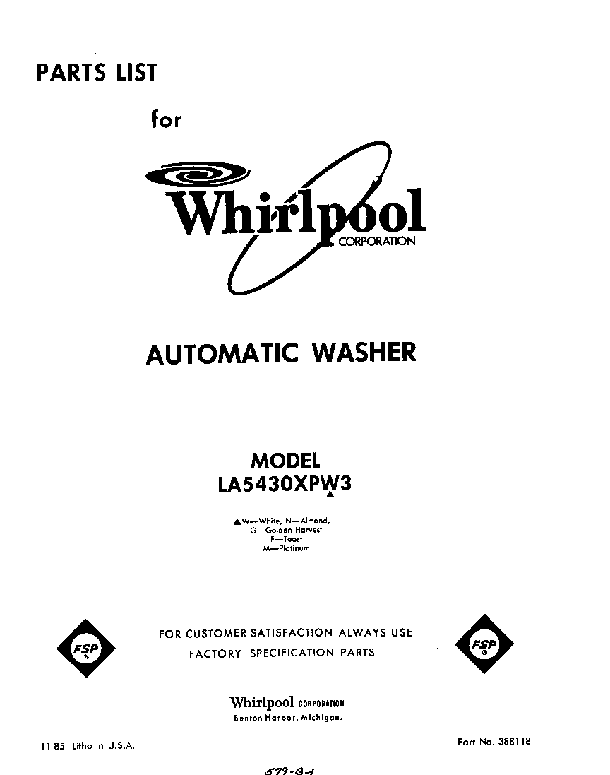 Whirlpool LA5430XPW3 front cover diagram