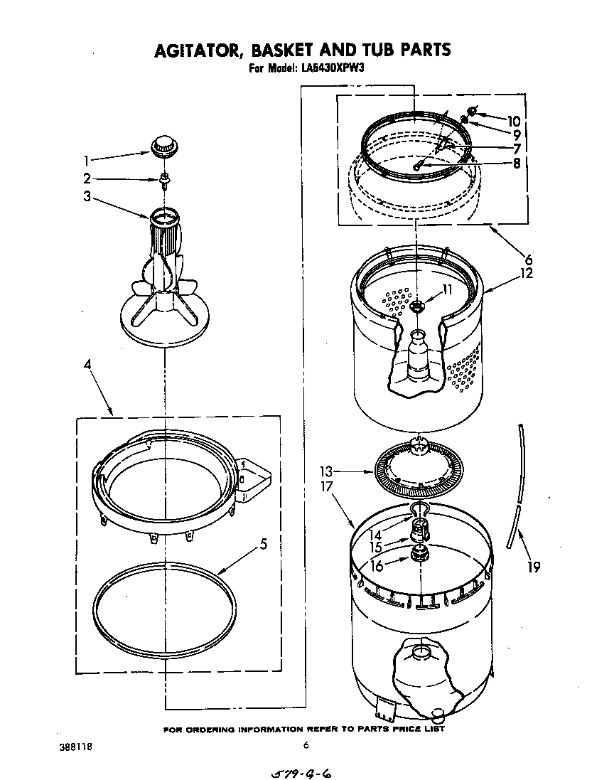 Whirlpool LA5430XPW3 agitator, basket and tub diagram