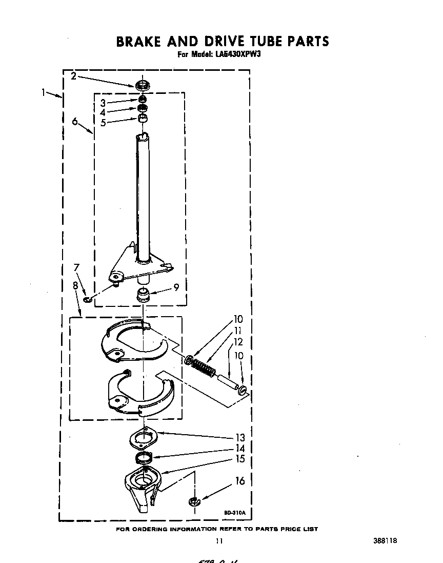 Whirlpool LA5430XPW3 brake and drive tube diagram