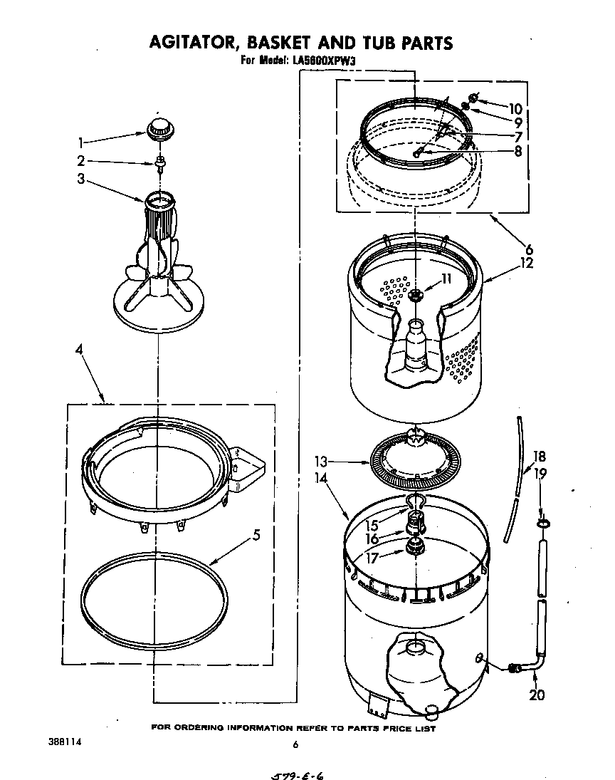 Whirlpool LA5600XPW3 agitator, basket and tub diagram