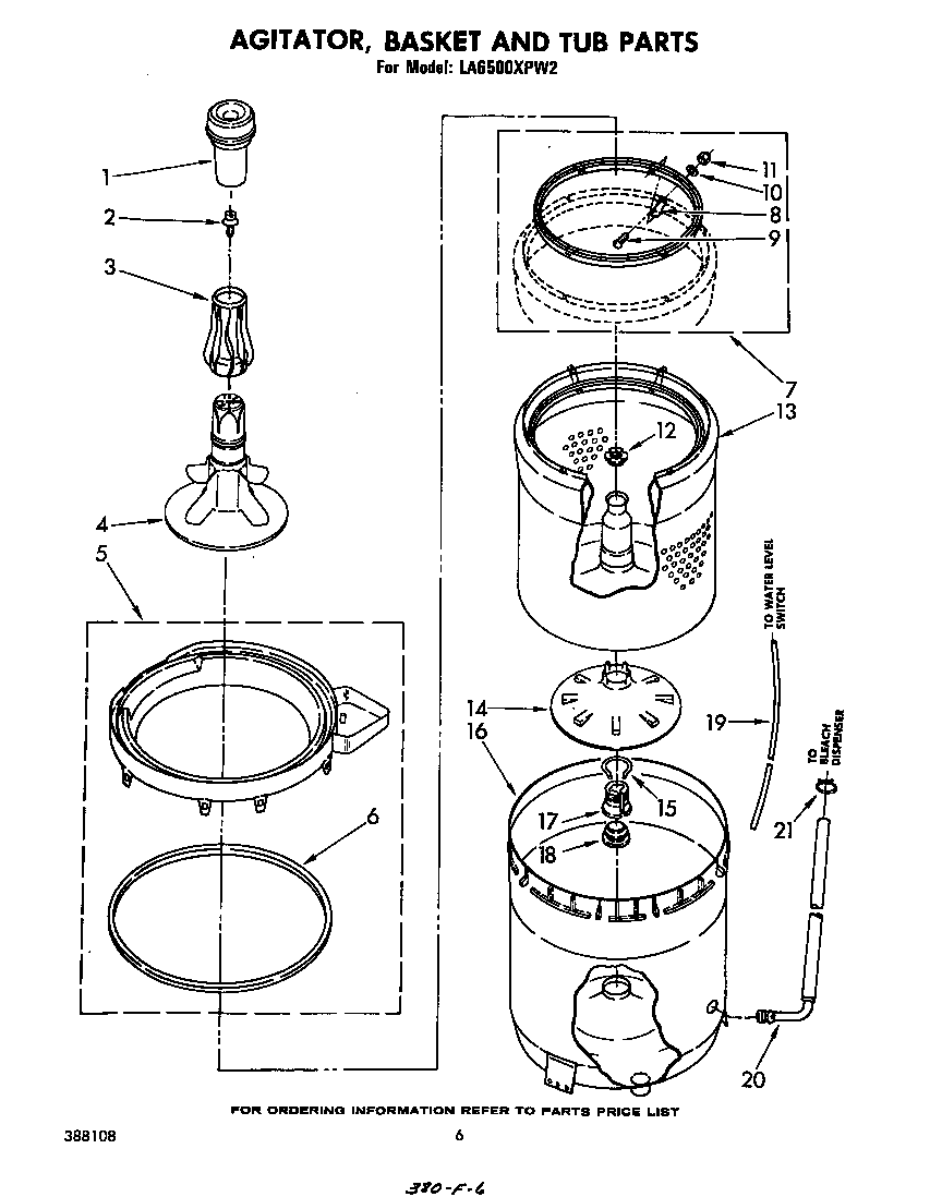 Whirlpool LA6500XPW2 agitator, basket and tub diagram