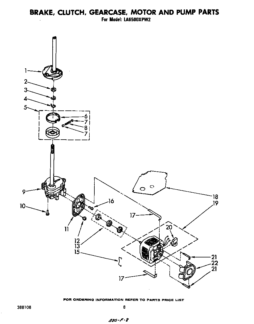 Whirlpool LA6500XPW2 brake, clutch, gearcase, motor and pump diagram