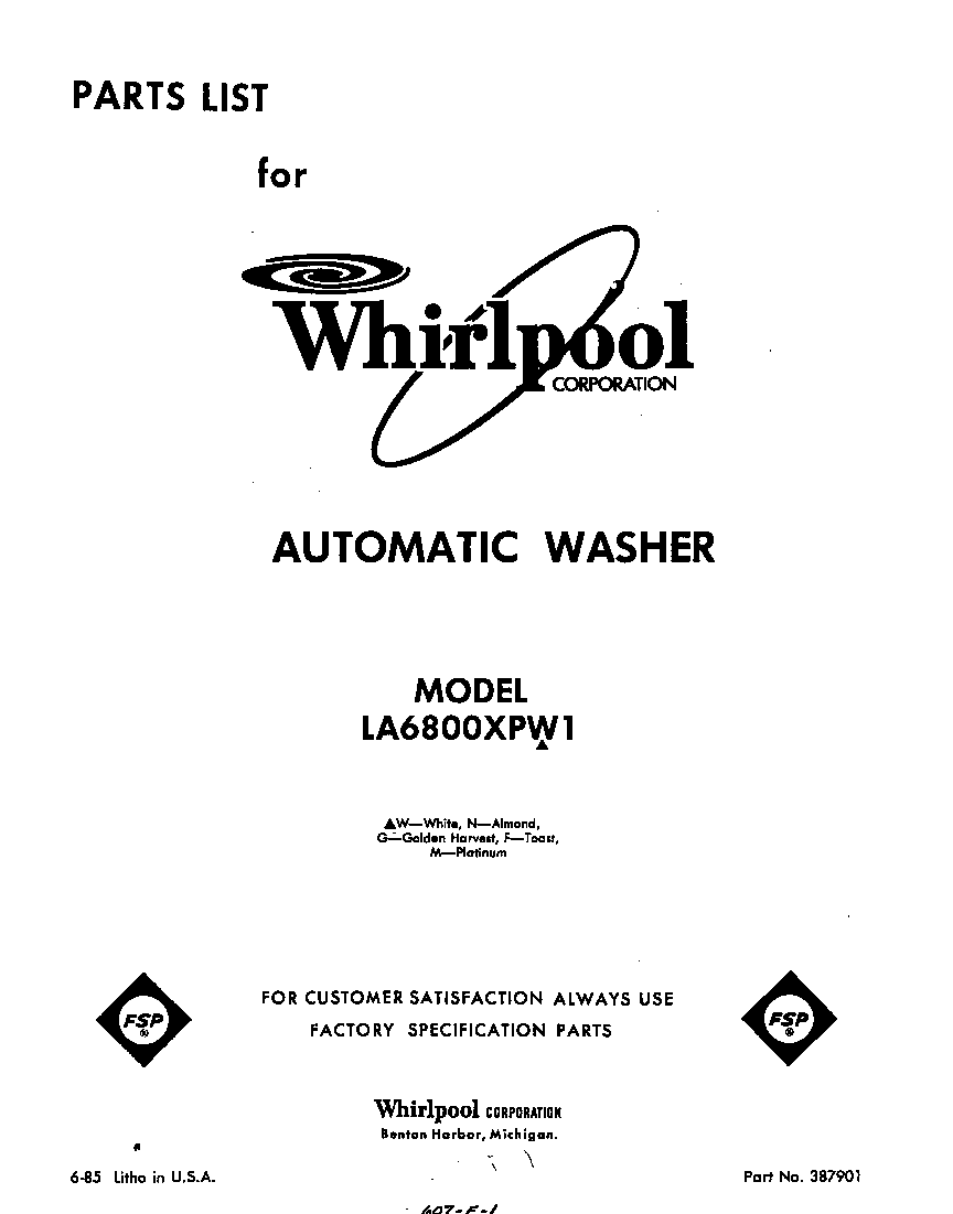Whirlpool LA6800XPW1 front cover diagram