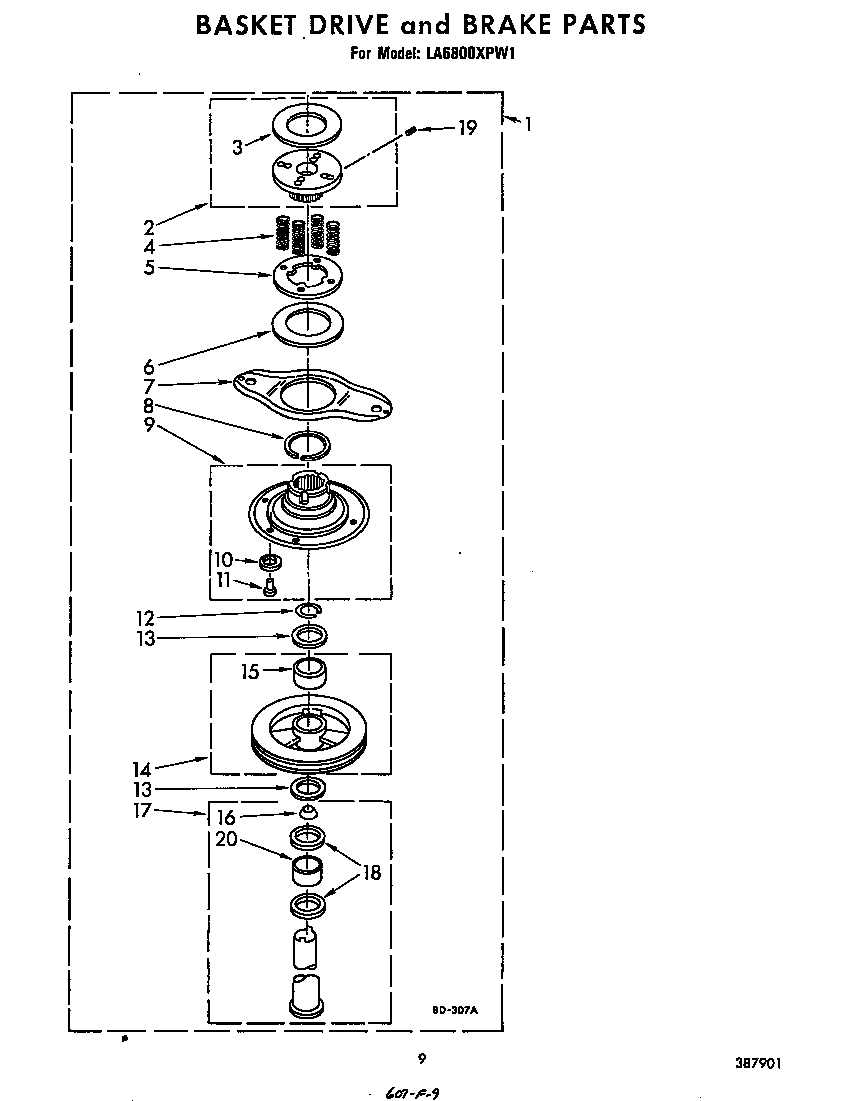 Whirlpool LA6800XPW1 basket drive and brake diagram