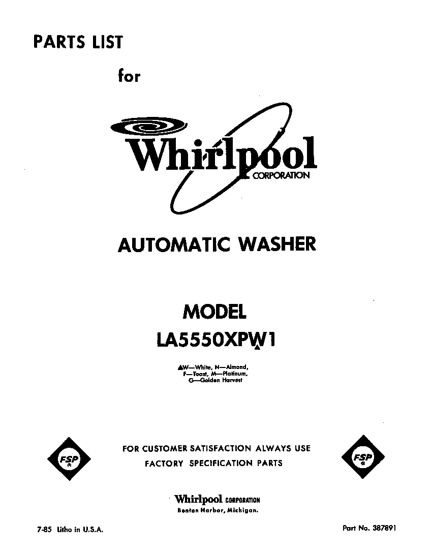 Whirlpool LA5550XPW1 front cover diagram