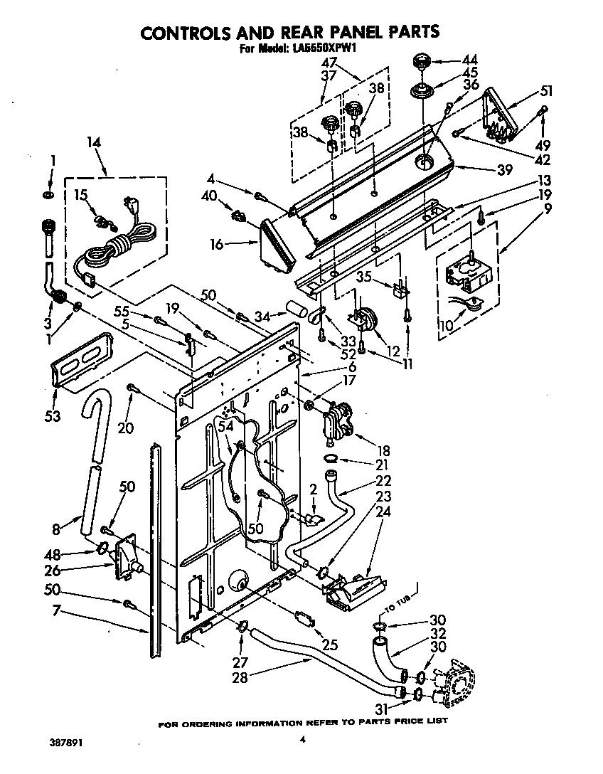 Whirlpool LA5550XPW1 controls and rear panel diagram