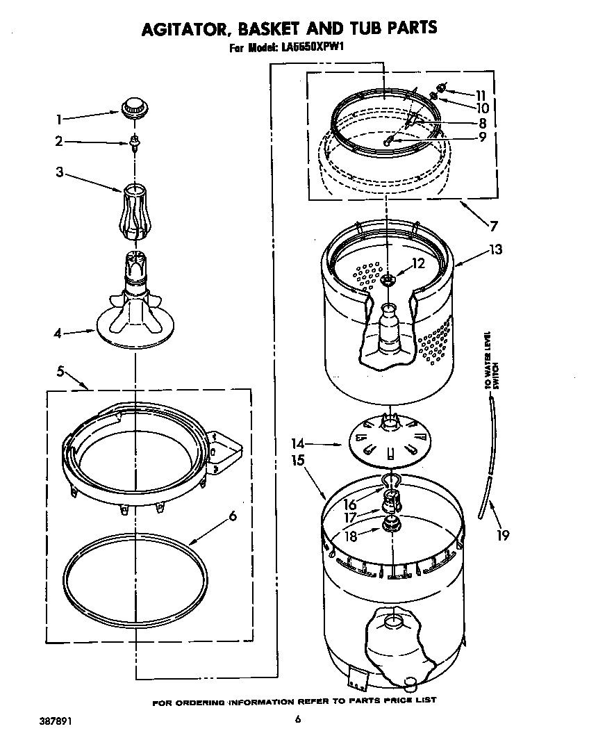 Whirlpool LA5550XPW1 agitator, basket and tub diagram