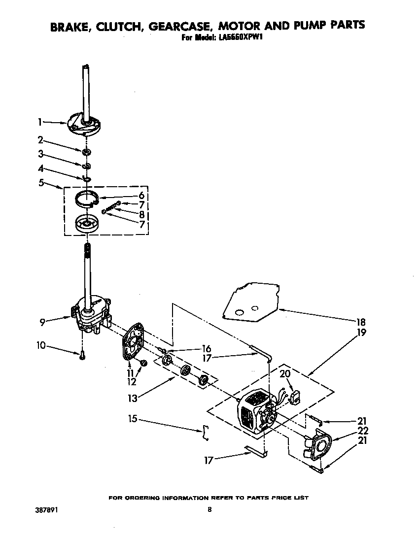Whirlpool LA5550XPW1 brake, clutch, gearcase, motor and pump diagram