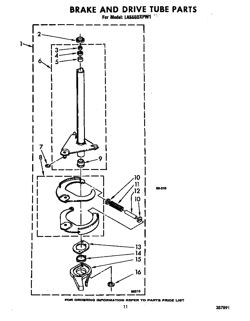 Whirlpool LA5550XPW1 brake and drive tube diagram