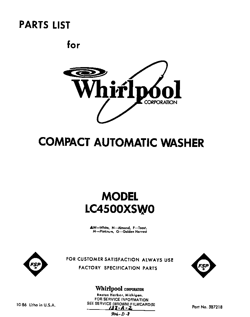 Whirlpool LC4500XSW0 front cover diagram